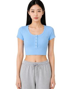 เสื้อครอปแขนสั้นทรงเข้ารูปสีฟ้าอ่อนสำหรับผู้หญิง ผ้าคอตตอนผสมสแปนเด็กซ์ ยืดได้ สวมใส่สบาย เหมาะสำหรับฤดูร้อน มีกระดุม - Product Image 1