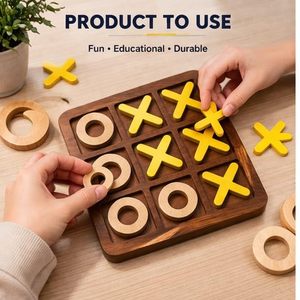 <b>Wooden</b> Tic Tac Toe Game Set With Black X And Yellow O <b>Pieces</b> Classic Carved Design - Product Image 4