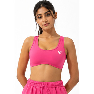 Women's Pink Racerback Sports Bra Scoop Neck Medium Support Breathable Seamless Fitness Top Solid Color Front Logo - Product Image 2