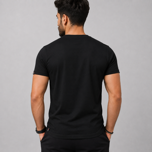 T-shirt décontracté pour homme en coton bambou noir, coupe ample, manches courtes, col rond, anti-rétrécissement, motif tricoté 300g, type lettre - Product Image 3