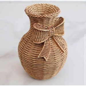 Jarrón de mimbre tejido a mano al por mayor con asas, jarrón de flores de ratán ecológico para decoración del hogar, adorno moderno para mesa de estilo rústico. - Product Image 5