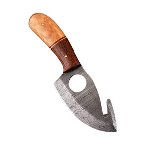 Couteau de chasse artisanal en acier Damas, lame fixe Bushcraft avec crochet à viande VG10, manche en bois et étui en cuir - Product Image 5