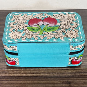 Premium Turquoise Leather Western Style Floral Cherry Pattern Jewelry <b>Cases</b> Genuine Leather Women Ring Necklace Travel Organizer - Product Image 5