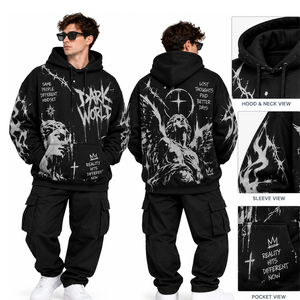 เสื้อฮู้ดดี้โอเวอร์ไซส์สีดำสไตล์วินเทจพิมพ์ลาย Dark World แบบ DTG ผ้าฝ้ายฟลีซ 100% แห้งเร็ว ระบายอากาศได้ดี กันลม สำหรับทุกเพศ - Product Image 4
