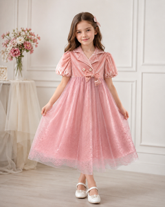 Vestido de Fiesta Formal para Niñas, Color Rosa, Terciopelo, Corte en A, con Mangas Abullonadas, Lazo y Falda de Tul Estampada - Product Image 4