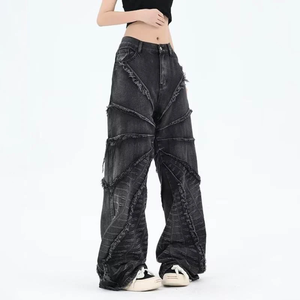 Pantalones Vaqueros de Cintura Alta, Pierna Ancha, Desgastados, Estilo Streetwear, Corte Holgado, Algodón de Peso Medio, para Otoño - Product Image 1