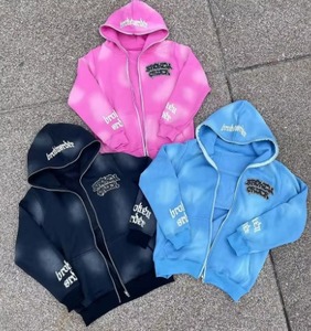 Conjunto de Chándal de Algodón 100% con Lavado Ácido, Estampado Puff y Lavado por Pulverización, Estilo Urbano, que incluye Pantalones de Chándal Acampanados y Sudadera con Capucha de Cremallera Completa - Product Image 1