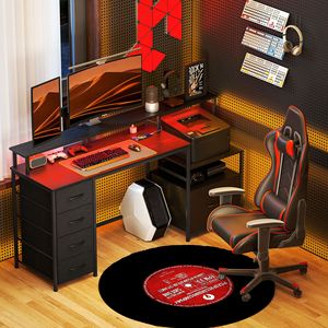 67\" Black Computer Desk with <b>Power</b> Outlets LED Lights <b>File</b> Cabinet Fabric Drawers Bookshelf - Product Image 2