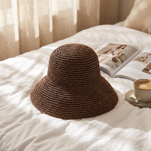 Sombrero de Paja Plegable para Mujer, Estilo Bucket, Protección Solar para Playa y Verano, Sombreros de Rafia Tejidos a Crochet para Viaje - Product Image 2