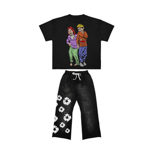 280GSM Cotton Acid Wash <b>Tee</b> Pant Set Blk <b>Graphic</b> Embroidery Custom Logos Casual Streetwear 2 Pieces Sets men's - Product Image 3