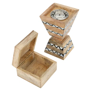 Bone Inlay Mango Wood Incense Burner Set Bulk Hourglass Bakhoor Censer with Matching Storage <b>Box</b> and <b>Large</b> Handled Serving Tray - Product Image 2