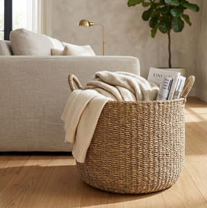 Panier rond en herbe de mer écologique à prix avantageux avec poignées tressées, panier de rangement fabriqué au Vietnam - Product Image 4