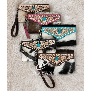 Hot Selling Wholesale Genuine Cowhide Fur Leather Clutch Luxury Turquoise Concho Hand Tooled Floral <b>Wristlet</b> Purses For Women's - Product Image 1