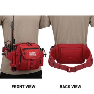 Sac banane de pêche en polyester Oxford 600D de qualité supérieure, 300 GSM, durable, multi-poches, porte-canne, logo personnalisé, rouge, sac ceinture de pêche d'extérieur - Product Image 1