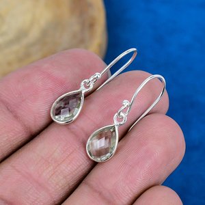 Natural <b>Green</b> Amethyst Pear Shaped Gemstone Teardrop <b>Earring</b> Handmade 925 Sterling Silver Finish - Product Image 3