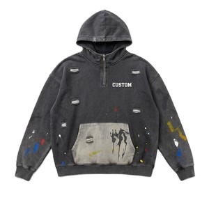 Wholesale Acid Wash Half Zip Hoodies Custom Logo <b>Paint</b> Splash Streetwear Half Zipper Kangaroo Pocket OEM ODM Hooded Sweatshirt - Product Image 4
