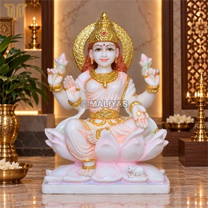 รูปปั้นหินอ่อนแม่ลาคชมีพร้อมฐานรูปดอกบัว |   พระพุทธรูปเทพีฮินดูที่ทำด้วยมือ – มาลียาส - Product Image 1