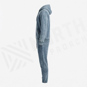 Conjunto de chándal de algodón con cremallera y lavado ácido, con logo personalizado, sudadera con capucha y pantalones de chándal oversize vintage con efecto stone para hombre, para gimnasio, fitness y ropa urbana. - Product Image 3