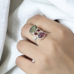 Natural Tourmaline & <b>Garnet</b> 925 Sterling <b>Silver</b> Statement <b>Ring</b> Raw Gemstone Birthstone Handmade Cocktail <b>Ring</b> - Product Image 2