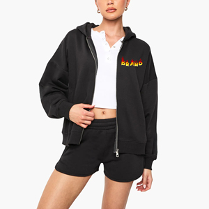 Nouvel arrivage : Ensemble short et sweat à capuche zippé 100 % coton pour femme, avec logo imprimé DTF personnalisé, broderie en dentelle et tissu épais - Product Image 1
