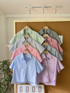 L8151009 Women's Pastel <b>Stripe</b> <b>Crop</b> <b>Top</b> Shirt Short Sleeve Oversized Double Pocket Button Down Loose Fit Casual Korean Fashion - Product Image 1