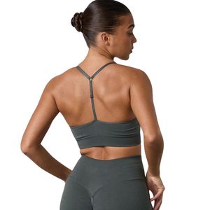 Women's Dark Sage Green Strappy Back Sports <b>Bra</b> Medium Support <b>Stretch</b> Fitness Gym Training Activewear <b>Bra</b> Apparel Wear - Product Image 4