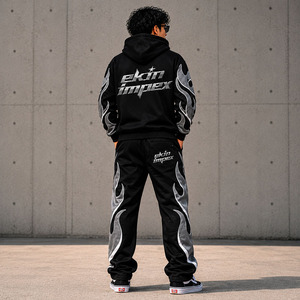 Conjunto de Sudadera con Capucha y Pantalones Deportivos Extra Grandes con Estampado de Llamas para Hombre, Ropa Deportiva de Felpa, OEM - Product Image 2