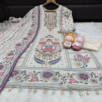 Élégant Ensemble Ethnique Femme TENNECY en Soie Maslin Anti-Plis Premium, Motif Floral Pastel Brodé Aari, Extensible et Séchage Rapide, Idéal Diwali et Mariage