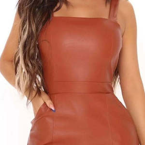 Brown PU Leather Bodycon Mini Dress Square Neck Sleeveless <b>High</b> Waist Fitted Solid Color Party Wear Sexy Style - Product Image 3