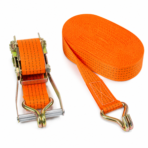 Correa de trinquete de poliéster de baja elasticidad y alta resistencia de 50 mm con ganchos dobles en J para camiones de plataforma y transporte de contenedores - Product Image 1