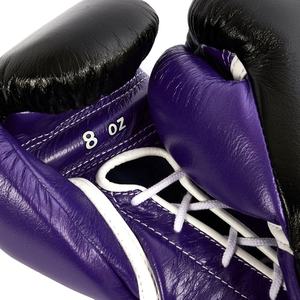 Gants de boxe professionnels de qualité supérieure, sur mesure, en cuir véritable, combinaison violet et noir, 8 OZ, lacés - Product Image 3