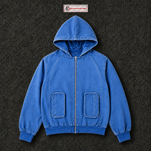 เสื้อฮู้ดซิปโอเวอร์ไซส์สีน้ำเงินฟอกสไตล์วินเทจ สตรีทแวร์ทรงหลวม ซิปยาวเต็มตัว มีกระเป๋าปะด้านหน้าสองช่อง - Product Image 5