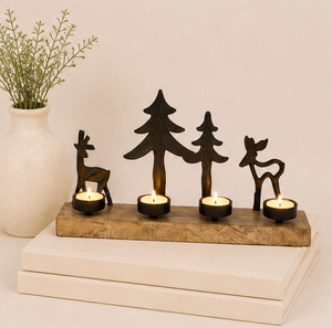 Moderno Portavelas de Reno de Metal Negro con Base de Madera Rústica, Soporte para 4 Velas de Té, Decoración para Centro de Mesa Navideño - Product Image 2