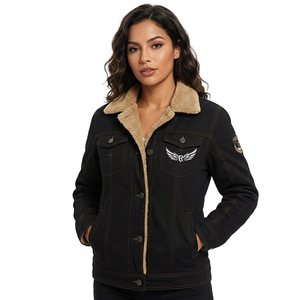 Men's Winter Denim <b>Jacket</b> <b>With</b> <b>Lining</b> Embroidered Wings Logo Turn-down Collar Casual Thick Warm Coat - Product Image 4