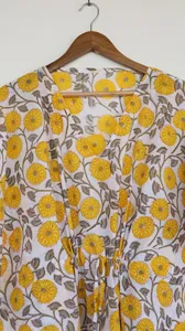 Women's Yellow Floral Hand Block Print V-Neck White <b>Kaftan</b> Long Dress Loose Fit Cotton Bohemian <b>Summer</b> Dress - Product Image 2