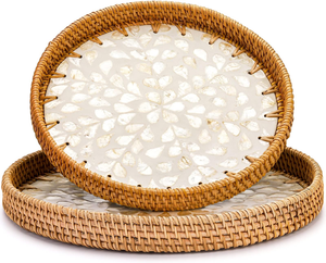 Handmade Rectangular Shape 2 Pieces tray Set Modern Home Living Room <b>Coffee</b> <b>Table</b> <b>Storage</b> Mother Of Pearl and Rattan Tray - Product Image 1