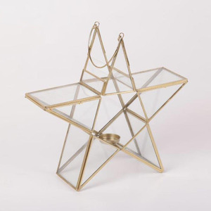 Magnifique porte-bougie en métal géométrique en forme d'étoile avec panneaux en verre et insert en verre, parfait pour de magnifiques décorations de fêtes. - Product Image 1