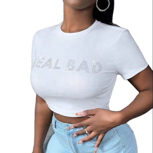 Camiseta Corta de Mujer Estilo Y2K con Pedrería, Ajustada, de Manga Corta, de Algodón, Informal, con Estampado Gráfico Brillante, para Verano - Product Image 1