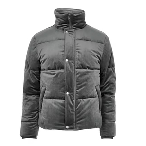 Blouson matelassé gris foncé pour homme, col montant, fermeture éclair, coupe-vent, rembourrage en polyester, hiver, à capuche, logo frontal, coupe classique - Product Image 1
