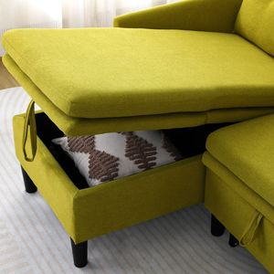 Divano Sezionale a L Reversibile con Chaise Longue e Contenitore, in Cotone Lino Verde, per Ufficio e Soggiorno - Product Image 6