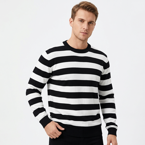 Camiseta de Manga Larga a Rayas para Hombre, Cuello Redondo, Tejido de Punto, Corte Regular, Diseño en Blanco y Negro, Transpirable, Antiarrugas, Elástica por Delante - Product Image 4