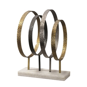 Escultura Moderna Abstracta de Círculo Metálico, Anillo Metálico Decorativo para Mesa, Estatua Martillada y Negra con Base de Mármol - Product Image 1