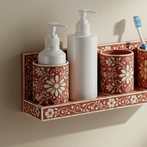 Terracotta Bathroom Accessory <b>Set</b> Decorative Floral Wall Shelf Dual <b>Soap</b> Pumps and Toothbrush Tumblers Rust Orange & White - Product Image 5