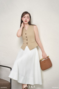Jupe midi trapèze blanche taille haute pour femme, élégante, en polyester tissé, idéale pour le bureau - RYAN - Product Image 5
