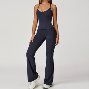 Ladies Gym Women Comfortable Two Pieces Running V-cut Shorts/flare Yoga Pants <b>Halter</b> Crossed Shoulder Straps <b>Backless</b> <b>Bra</b> Set - Product Image 1