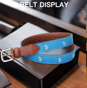 Ceinture de golf décontractée pour hommes en cuir véritable marron avec sangle en toile à boucle ardillon et motif brodé à l'aiguille, qualité supérieure - Product Image 2