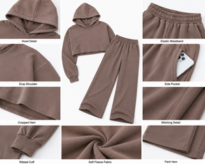 Ensemble sweat-shirt à capuche 2 pièces marron pour femme, coupe ample, manches longues, décontracté, en molleton de coton uni, avec poche - Product Image 6