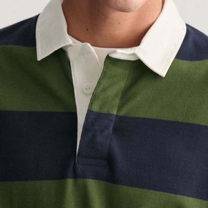 Camiseta Polo de Rugby a Rayas de Manga Larga para Hombre, Verde Marino, Cuello Camisero, Corte Regular - Product Image 3