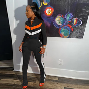 Ensemble de survêtement sportif 2 pièces pour femme, noir, orange, blanc, color block, haut court zippé à manches longues, pantalon coupe droite, toutes saisons - Product Image 4