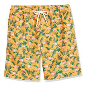 Shorts de bain premium pour hommes |   Short de plage imprimé flamant rose jaune doré, tenue de surf urbaine d'été, ensemble de boardshorts athlétiques - Product Image 1